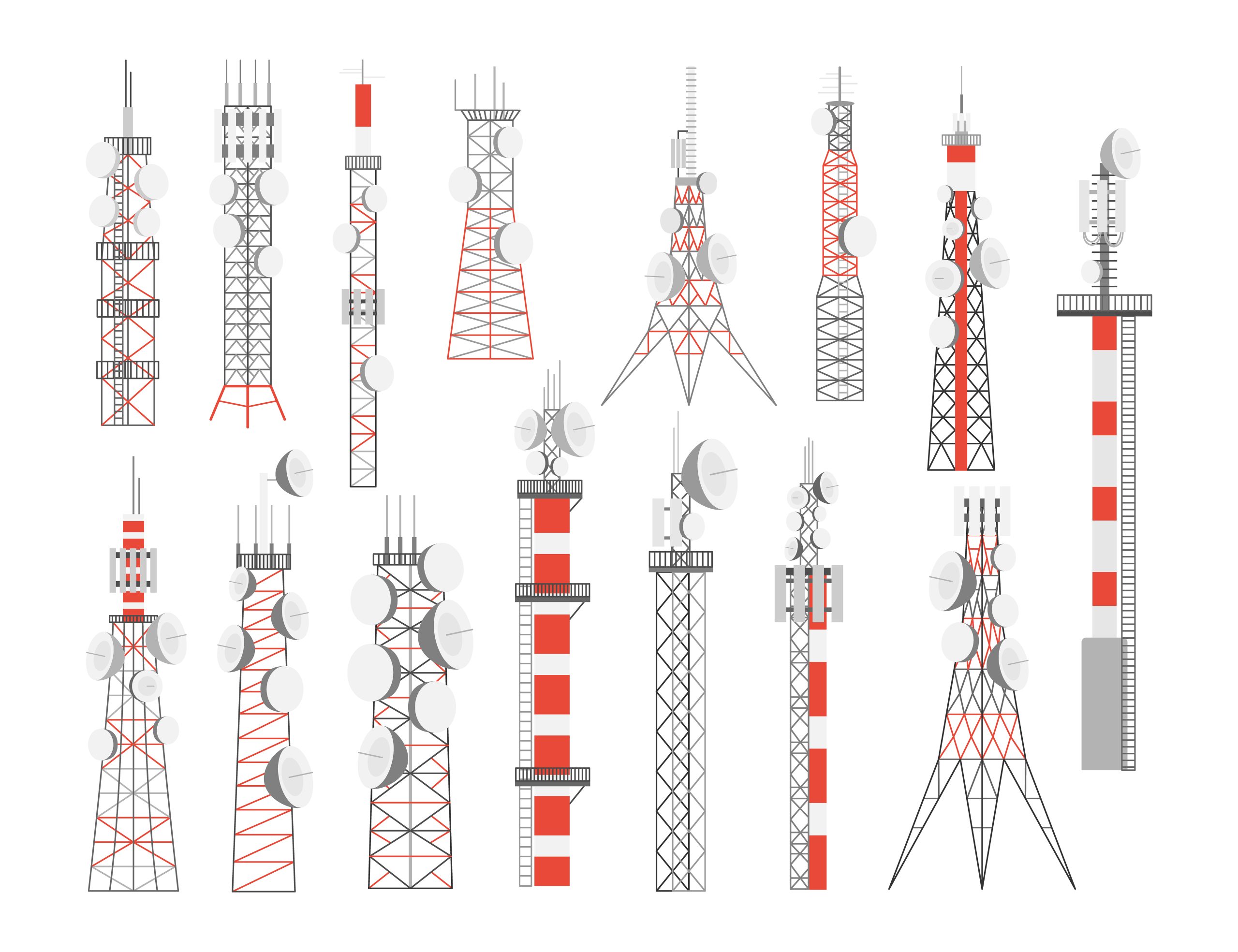 Antenna tower with satellite dishes vector illustrations set